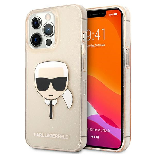 Husa Karl Lagerfeld Glitter Karl's Head pentru iPhone 13 Pro / iPhone 13 - Auriu