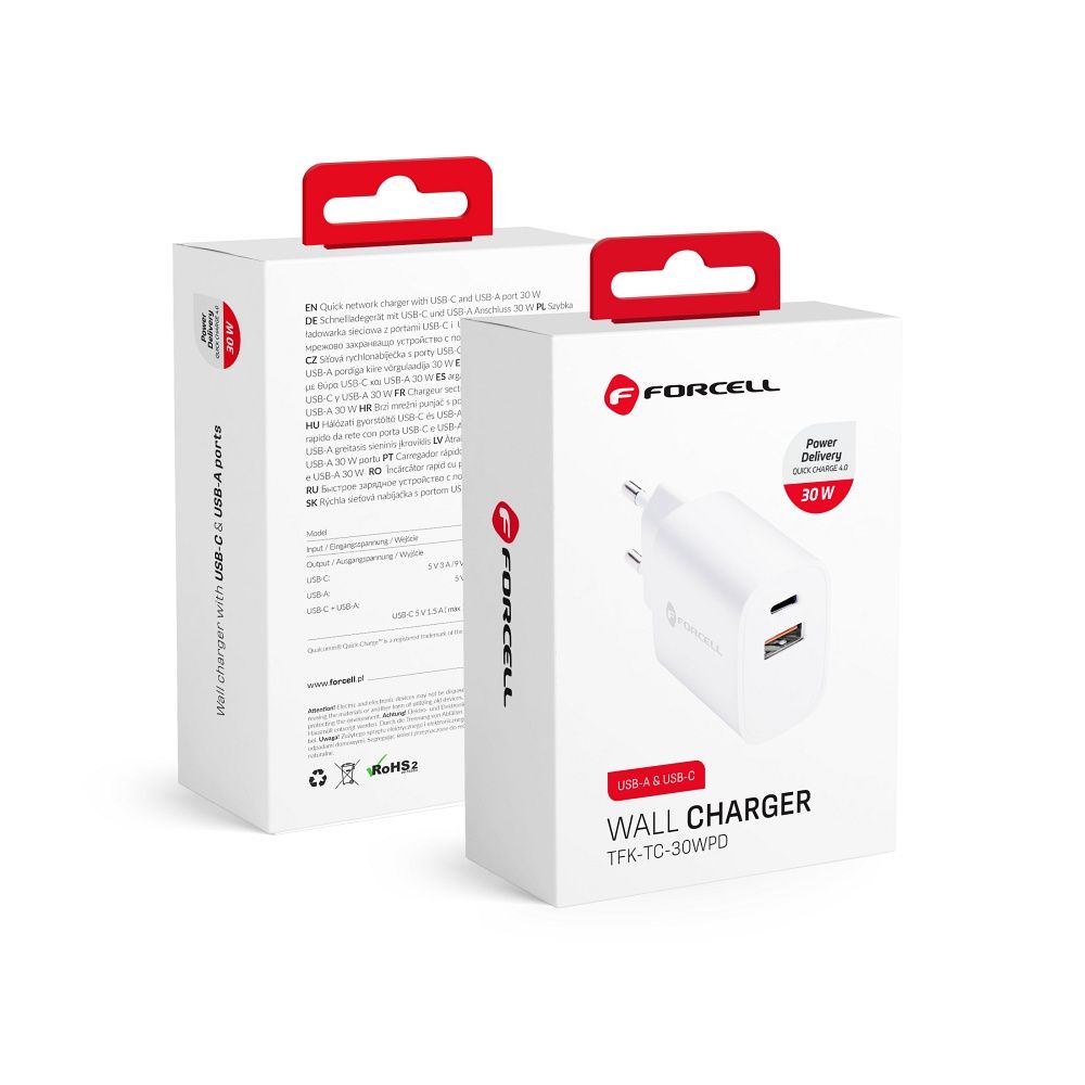 Incarcator Forcell Phone F-energy USB C + USB A Qc4.0 PD 3A 30W Alb