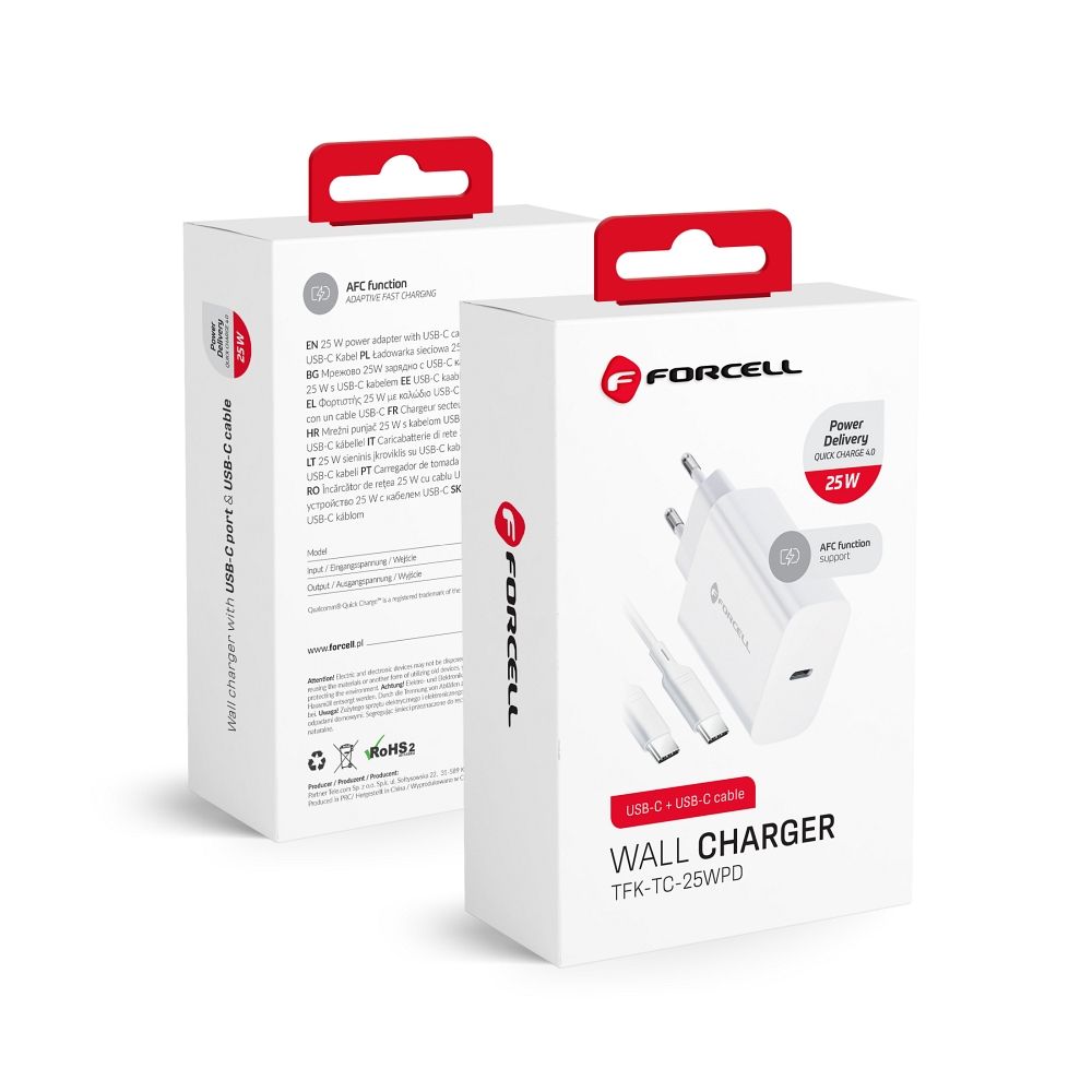 Cablu Forcell Phone Incarcator F-energy USB C Qc4.0 PD 3A 25W + USB C To USB C Alb