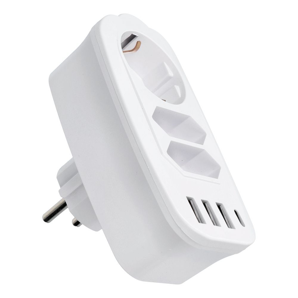 Incarcator priza Power Strip cu 3 Sockets Max 16A cu 3x USB A, 1x Typ C Ports E06 Alb