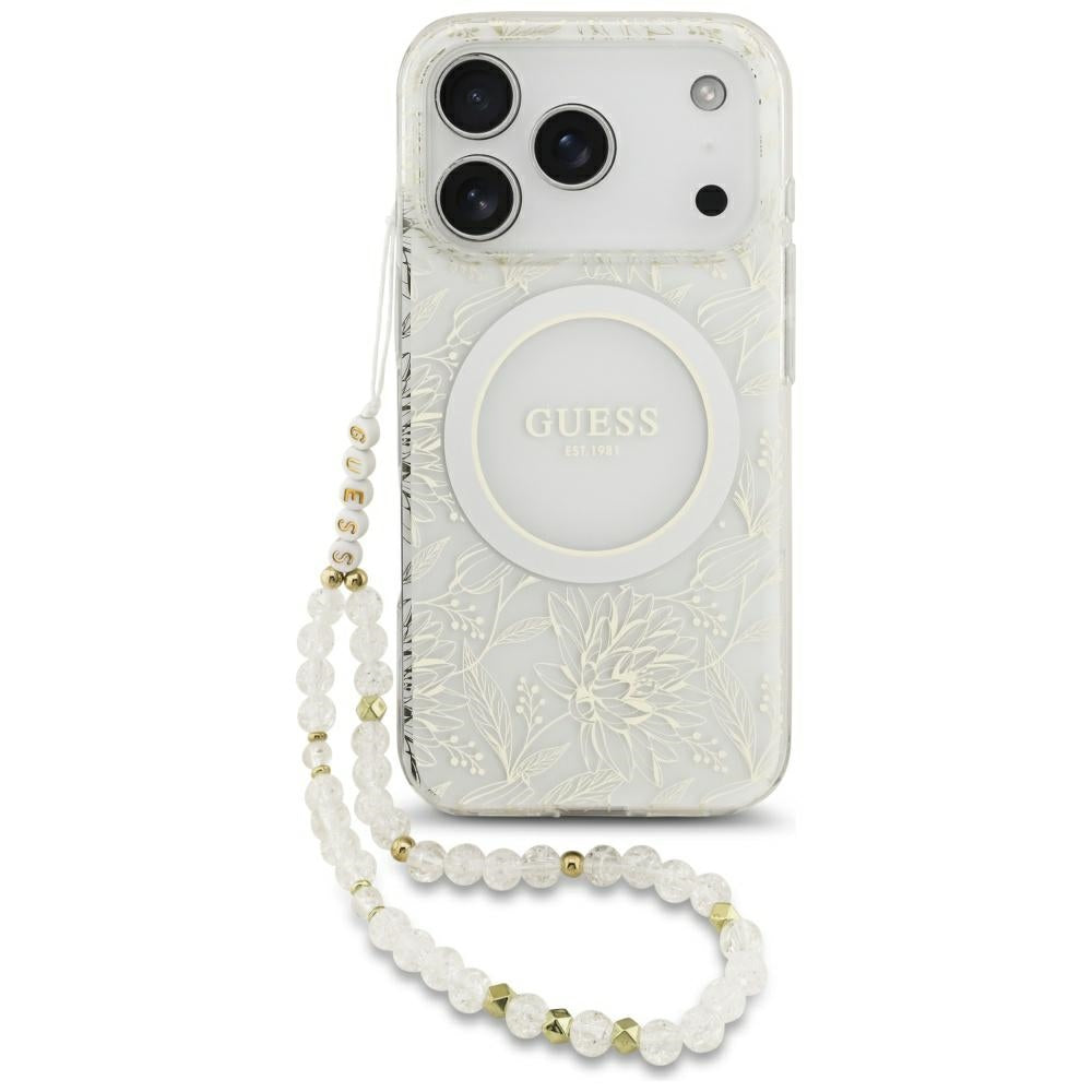 Husa Guess IML Flowers Allover Electroplated cu Pearl Curea Magsafe pentru iPhone 18 Pro / 17 Pro Alb
