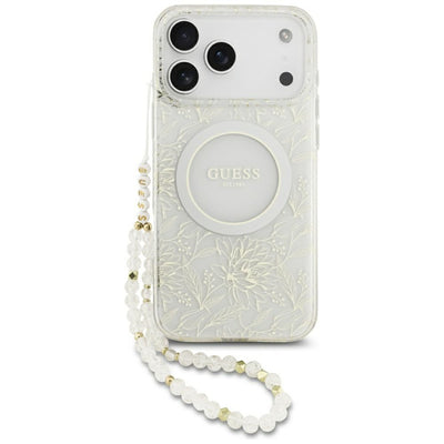 Husa Guess IML Flowers Allover Electroplated cu Pearl Curea Magsafe pentru iPhone 18 Pro Max / 17 Pro Max Alb