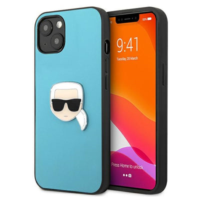 Husa Karl Lagerfeld Leather Ikonik Karl's Head Metal pentru iPhone 13 Mini - Albastru