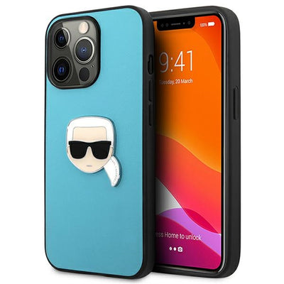Husa Karl Lagerfeld iPhone 13 Pro Max 6,7" Albastru Hardcase Leather Ikonik Karl`S Head Metal