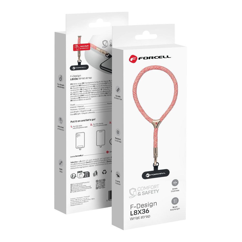 Husa Forcell F-design L8x36 Wrist Phone Lanyard cu Adjustable Length (Max 18cm In The Loop) Roz Alb