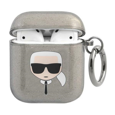 Husa Karl Lagerfeld Glitter Karl's Head pentru AirPods 1/2 - Negru