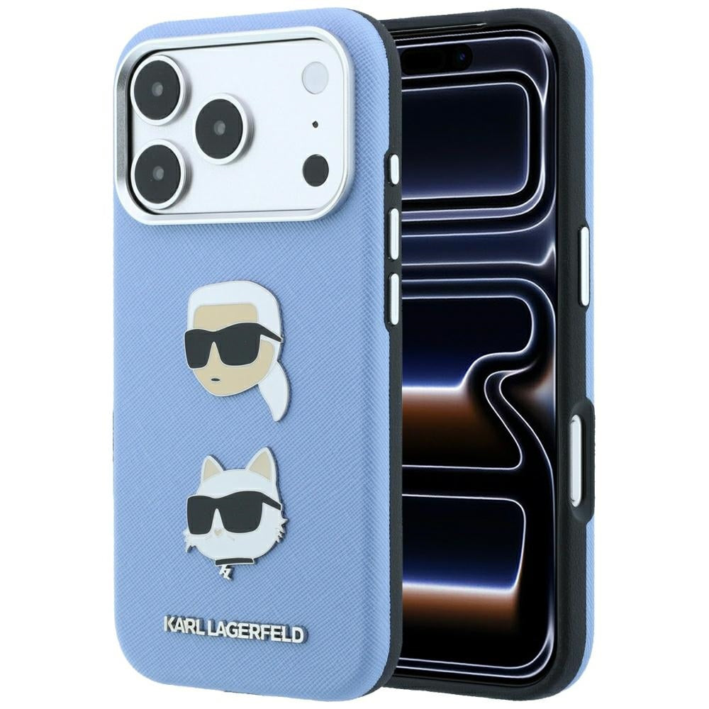 Husa Karl Lagerfeld Saffiano cu Karl & Choupette Heads Pins & Logo pentru iPhone 18 Pro Max / 17 Pro Max Albastru