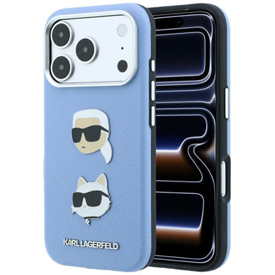 Husa Karl Lagerfeld Saffiano cu Karl & Choupette Heads Pins & Logo pentru iPhone 18 Pro Max / 17 Pro Max Albastru