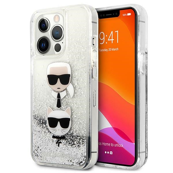 Husa Karl Lagerfeld Liquid Glitter Karl&Choupette Head pentru iPhone 13 Pro Max - Argintiu