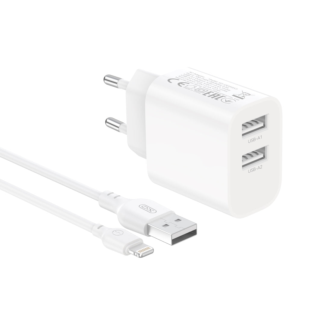 Cablu XO Incarcator priza Ce55 2x USB 2,4A Alb + Lightning
