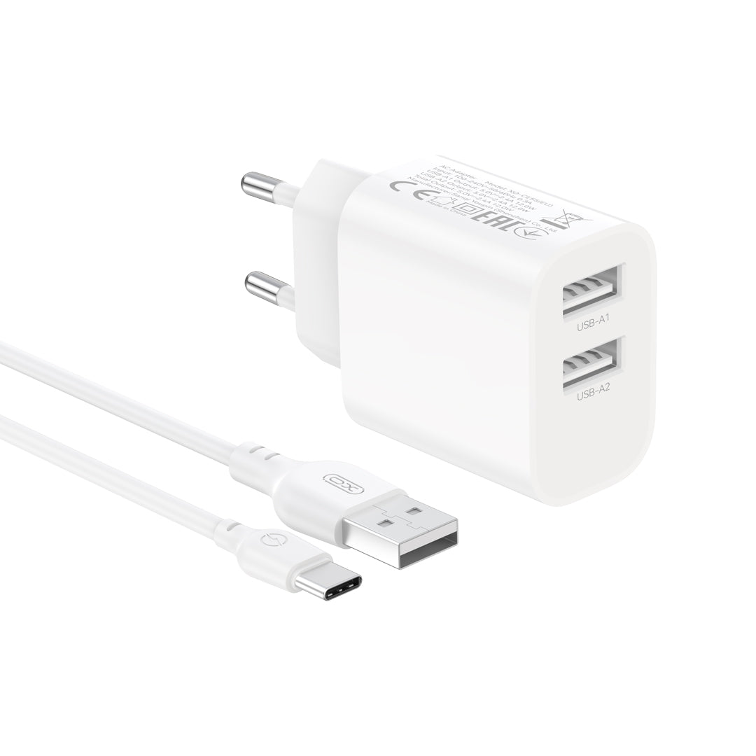 Cablu XO Incarcator priza Ce55 2x USB 2,4A Alb + Usb-c