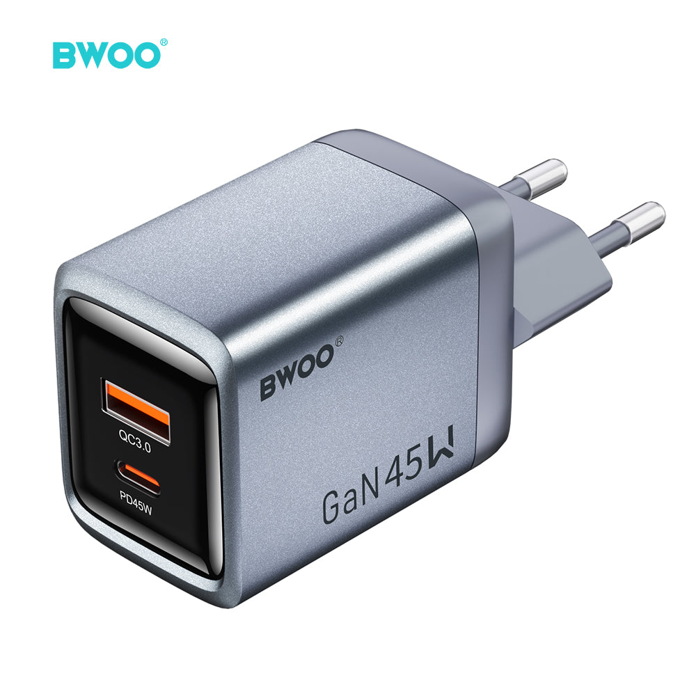 Incarcator priza BWOO 1xUSB-A + 1xUSB-C 3A PD 45W + QC 18W Gri cu PPS