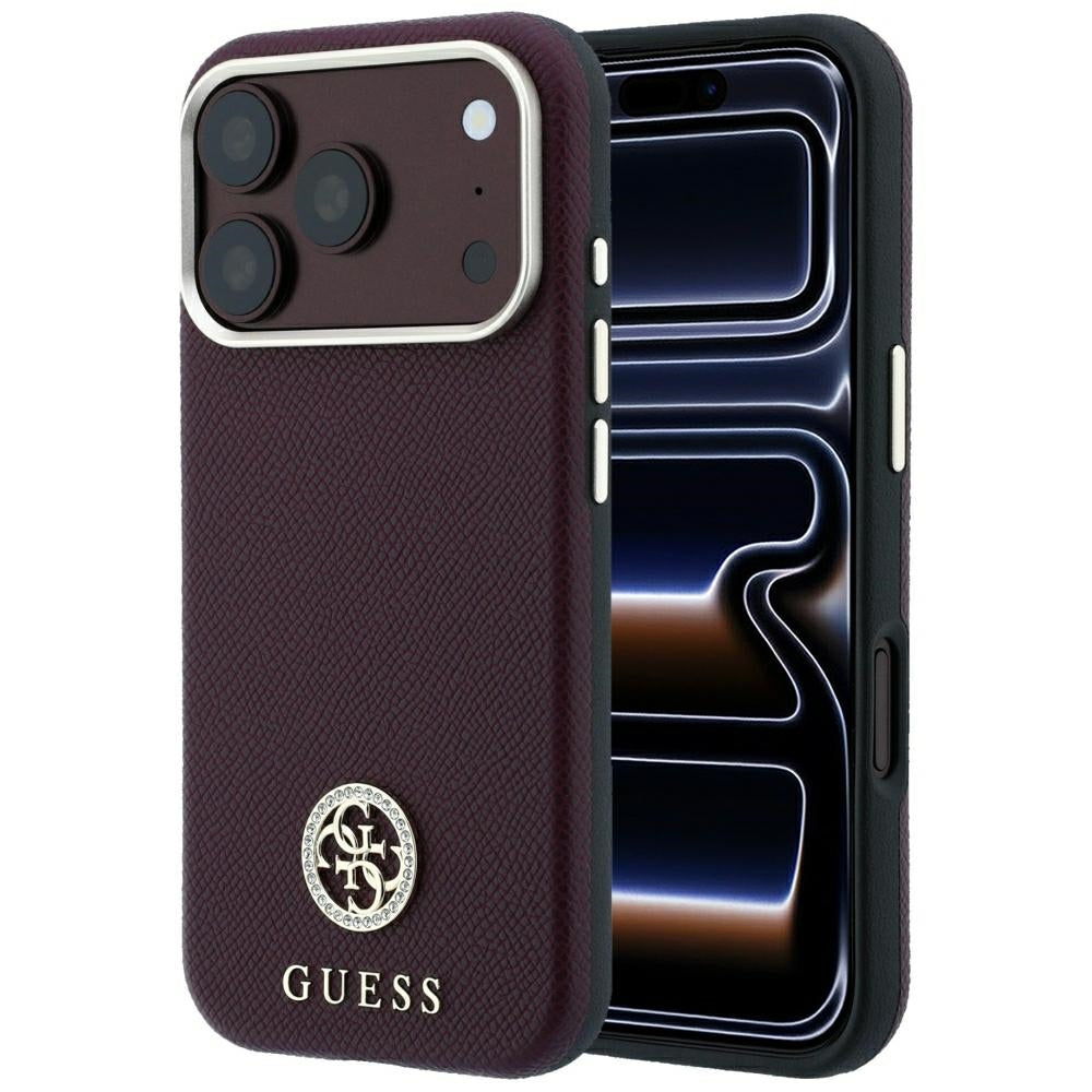 Husa Guess Grained Round Strass Logo Magsafe pentru iPhone 18 Pro / 17 Pro Burgundy
