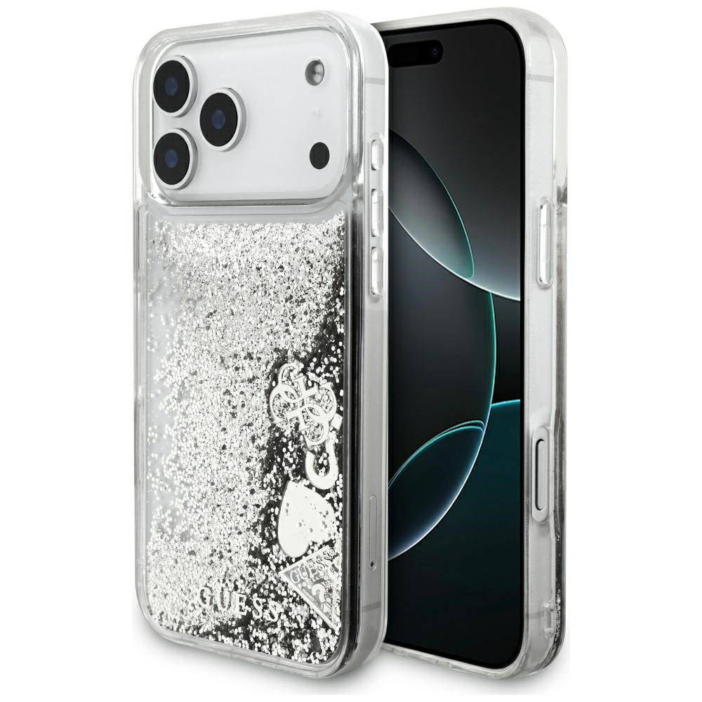 Husa Guess Liquid Glitter 4G Charms pentru iPhone 18 Pro Max / 17 Pro Max Argintiu