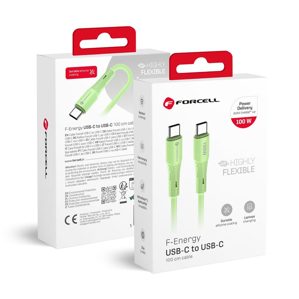 Cablu Forcell USB C To USB C F-energy Qc4.0 PD 5A 100W Silicone 1 M C347 Verde