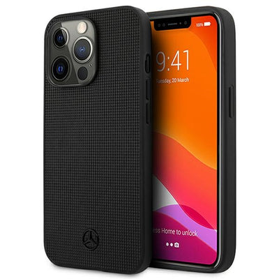 Husa Mercedes Leather Meshed Metal Logo pentru iPhone 13 Pro / iPhone 13 - Negru
