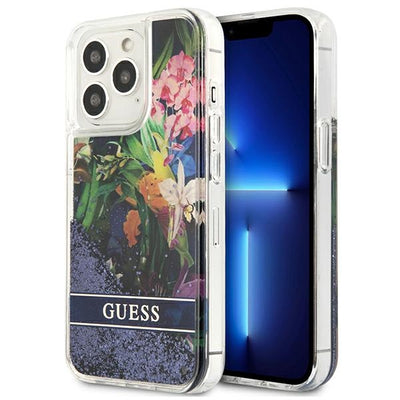 Husa Guess iPhone 13 Pro / 13 6.1" Albastru/Albastru Hardcase Flower Liquid Glitter
