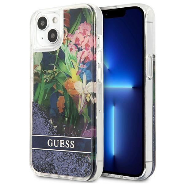 Husa Guess iPhone 13 Mini 5.4" Albastru/Albastru Hardcase Flower Liquid Glitter