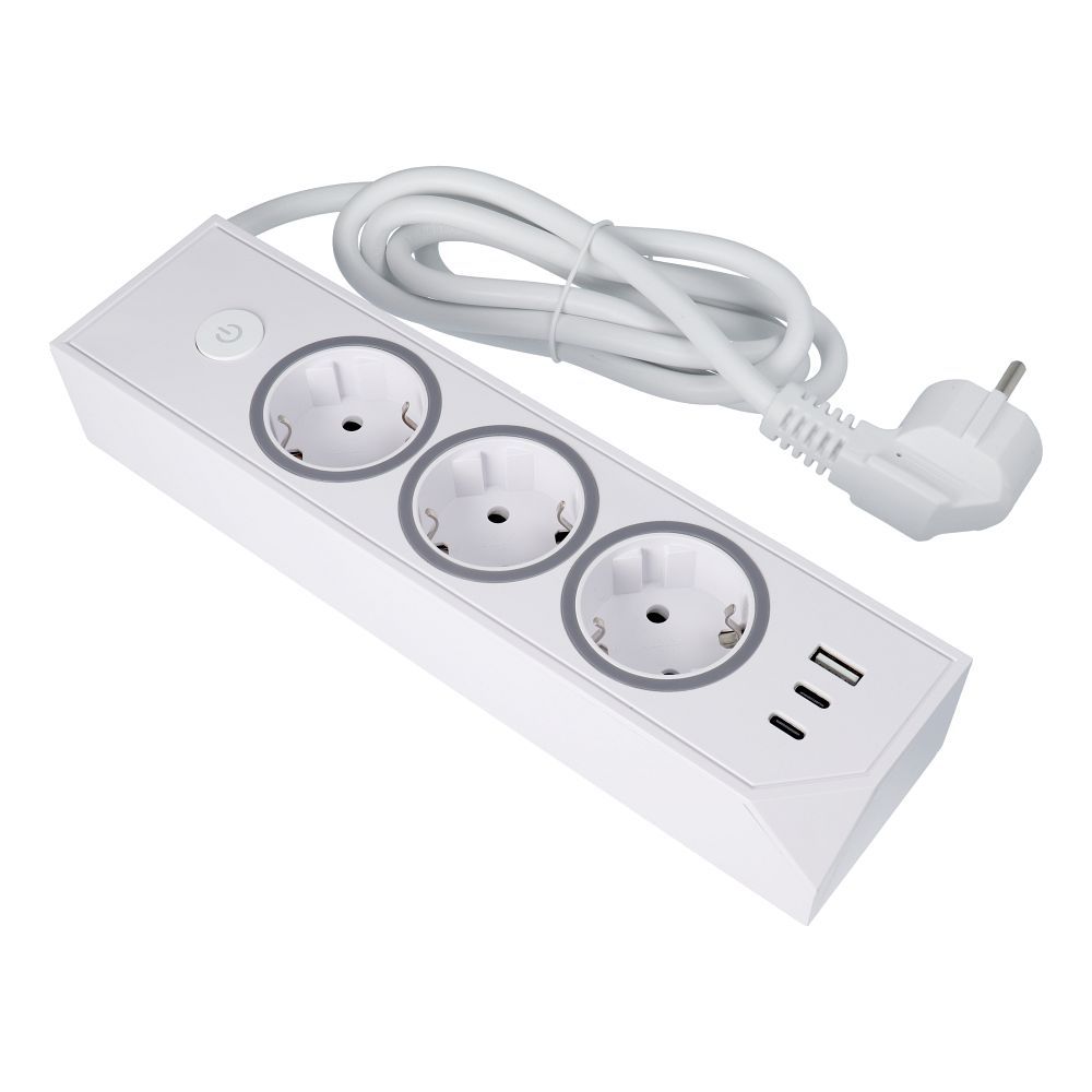 Cablu Power Strip cu 3 Sockets Max 3680W, 1xUSB A, 2x Type C 25W Ports cu 1,5m Power E59 Alb