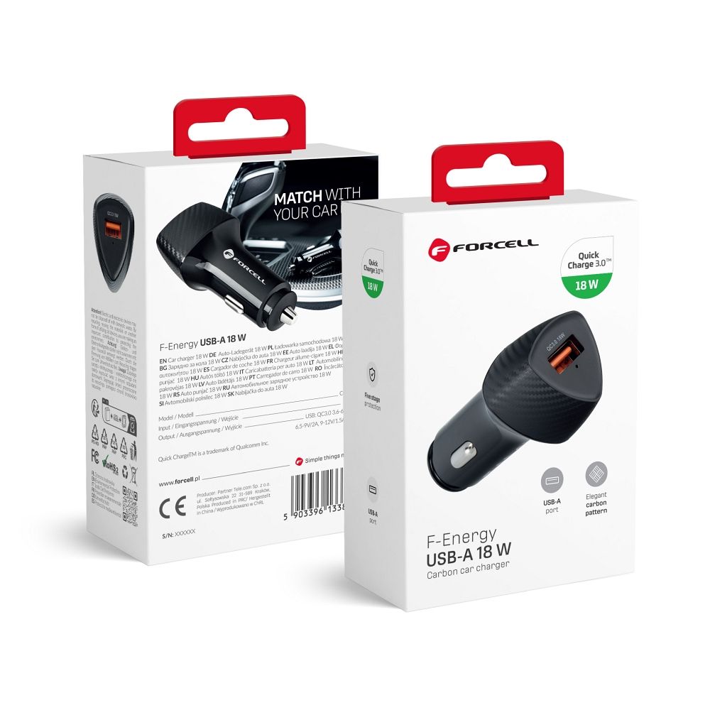 Incarcator auto Forcell F-energy Carbon USB A Qc3.0 3A 18W Negru