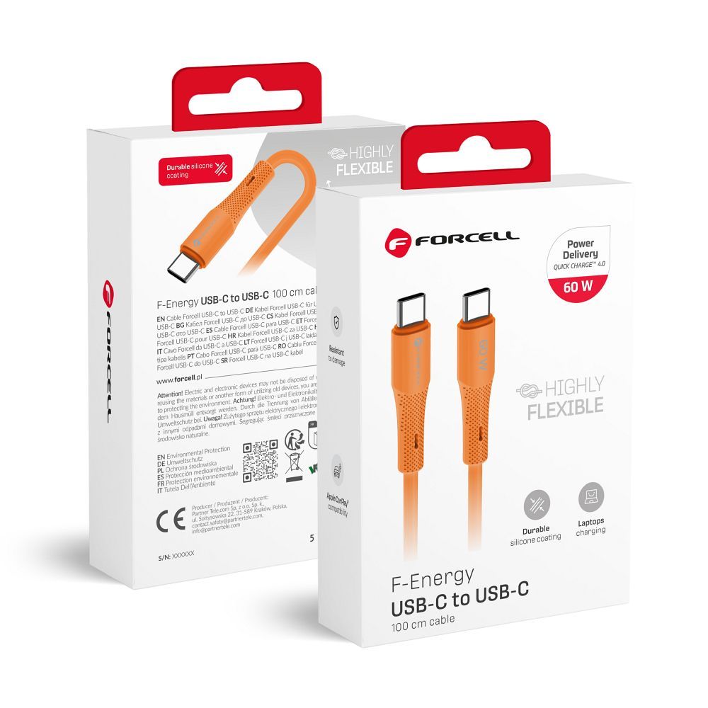 Cablu Forcell USB C To USB C F-energy Qc4.0 PD 3A 60W Silicone 1 M C344 Portocaliu