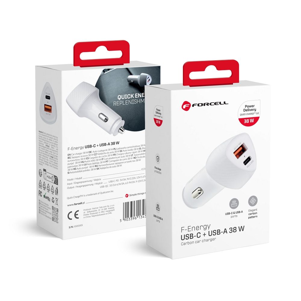 Incarcator auto Forcell F-energy Carbon USB C + USB A Qc3.0 PD 3A 38W Alb