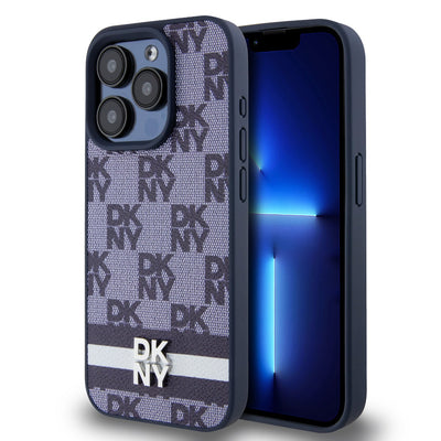 Husa Dkny piele sintetica Checkered Pattern si Stripe pentru iPhone 15 Pro Max Albastru