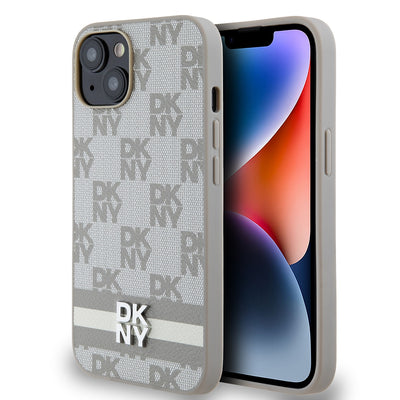 Husa Dkny piele sintetica Checkered Pattern si Stripe pentru iPhone 14 Bej