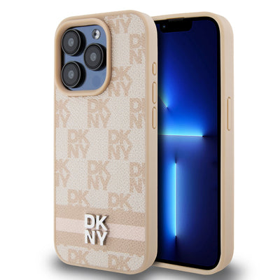 Husa Dkny piele sintetica Checkered Pattern si Stripe pentru iPhone 13 Pro Max Roz