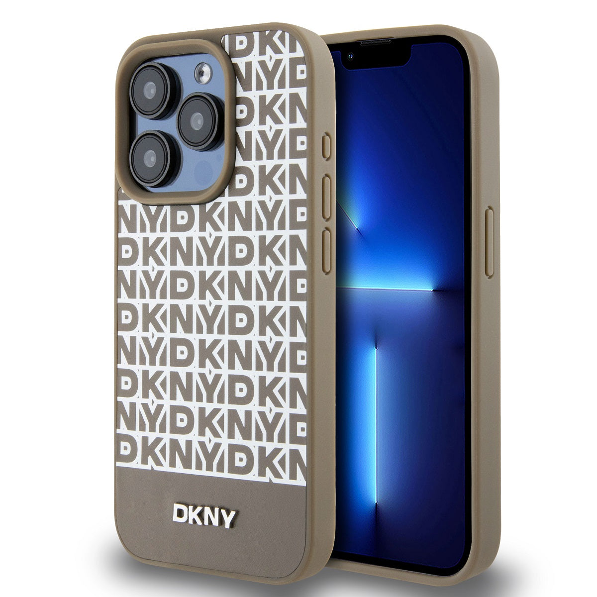 Husa Dkny piele sintetica Repeat Pattern Bottom Stripe Magsafe pentru iPhone 13 Pro Max Maro