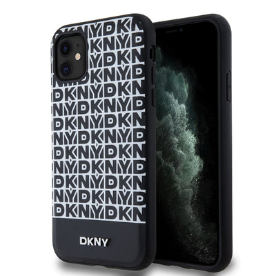Husa Dkny piele sintetica Repeat Pattern Bottom Stripe Magsafe pentru iPhone 11 Negru