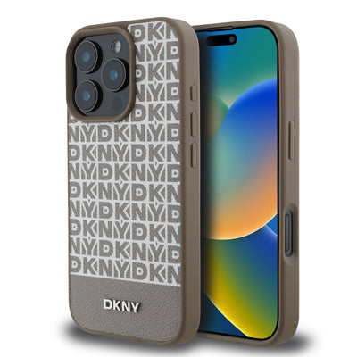 Husa Dkny piele sintetica Repeat Pattern Bottom Stripe Magsafe pentru iPhone 16 Pro Maro