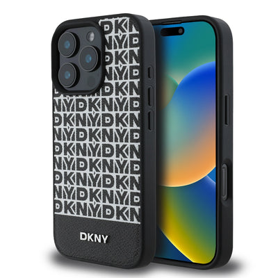 Husa Dkny piele sintetica Repeat Pattern Bottom Stripe Magsafe pentru iPhone 16 Pro Negru