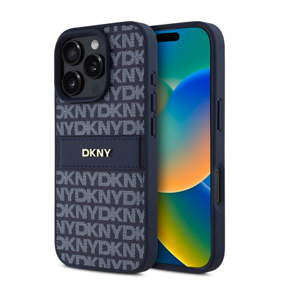 Husa Dkny piele sintetica Repeat Pattern Tonal Stripe pentru iPhone 16 Pro Max Albastru