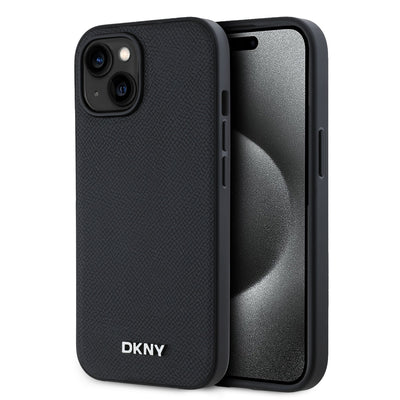 Husa Dkny piele sintetica Argintiu Metal Logo Magsafe pentru iPhone 14 Negru