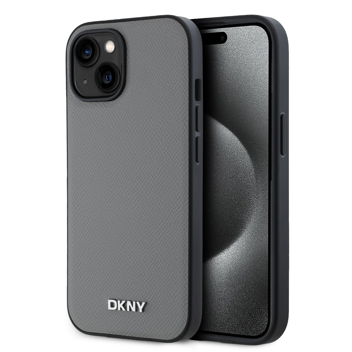 Husa Dkny piele sintetica Argintiu Metal Logo Magsafe pentru iPhone 14 Gri