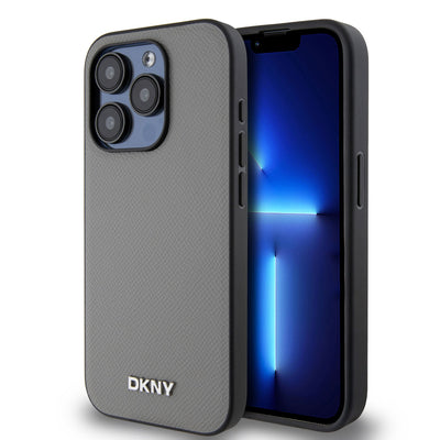 Husa Dkny piele sintetica Argintiu Metal Logo Magsafe pentru iPhone 15 Pro Gri