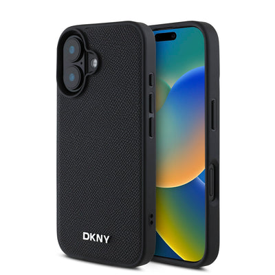 Husa Dkny piele sintetica Argintiu Metal Logo Magsafe pentru iPhone 16 Plus Negru