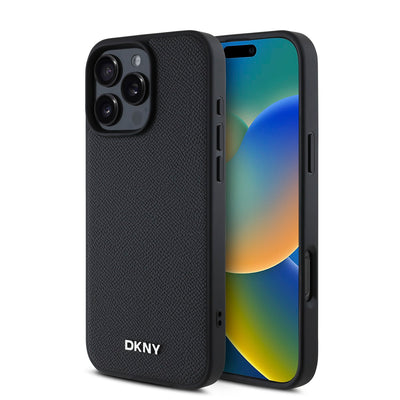 Husa Dkny piele sintetica Argintiu Metal Logo Magsafe pentru iPhone 16 Pro Max Negru