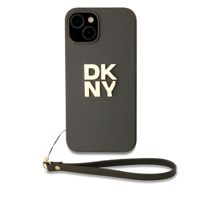 Husa Dkny piele sintetica Stack Logo Wrist Curea pentru iPhone 14 Maro