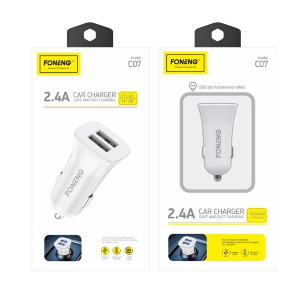 Încărcător auto FONENG C07, USB‑A, 2 porturi, 2,4A, alb