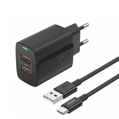 Cablu Foneng Incarcator priza Eu63 2.4A 12W 2xUSB + Usb-c Negru