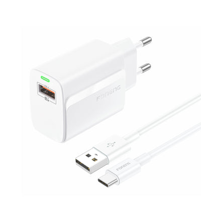 Cablu Foneng Incarcator priza Eu64 18W 1xUSB Qc3.0 + Usb-c Alb