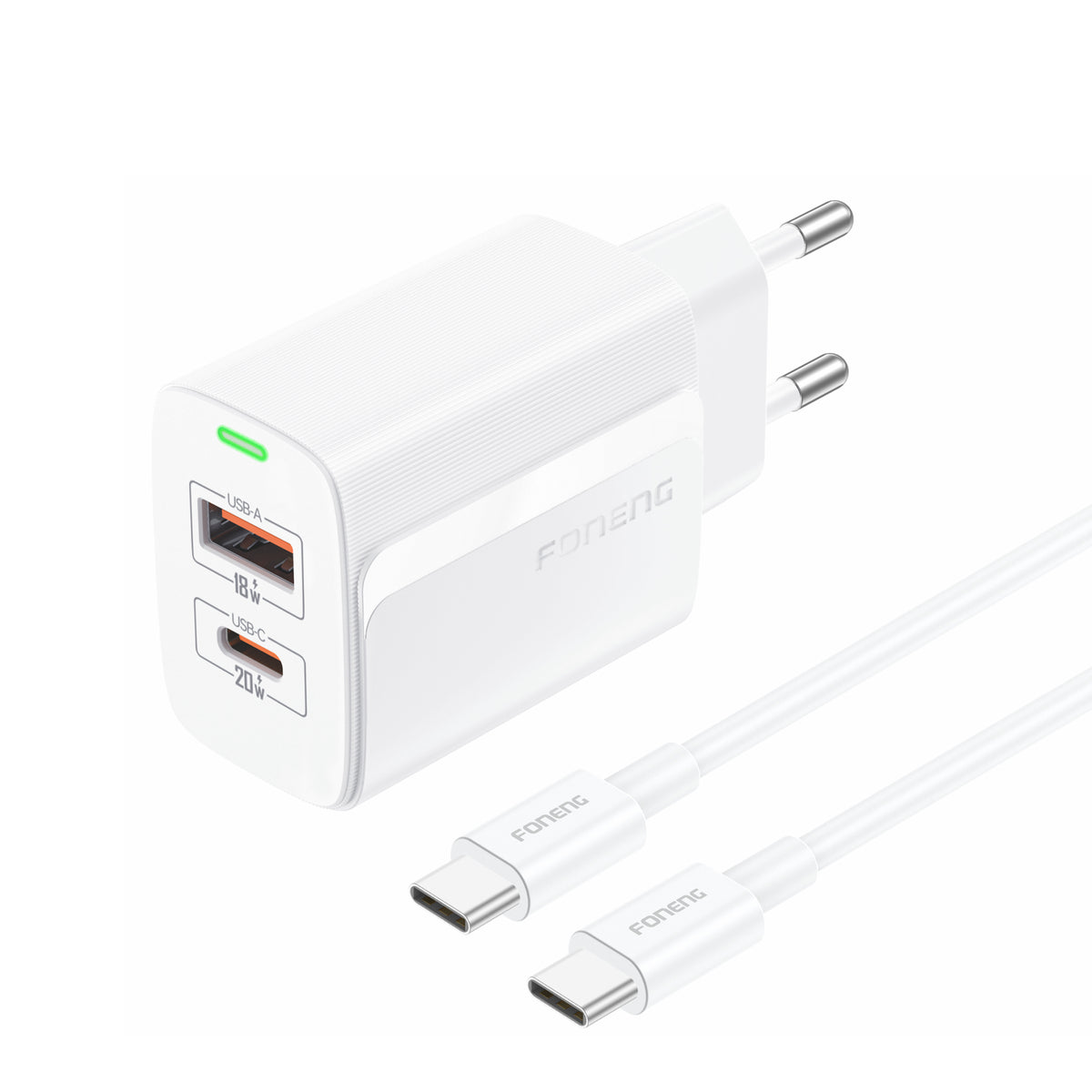 Cablu Foneng Incarcator priza Eu66 PD 20W 1xUSB-C + 1xUSB Qc3.0 + Usb-c - Usb-c Alb