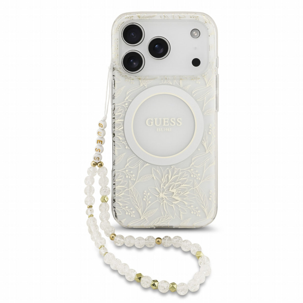 Husa Guess IML Flowers Allover Curea Magsafe pentru iPhone 18 Pro Alb