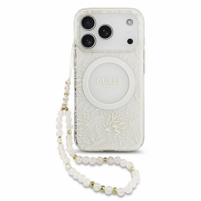 Husa Guess IML Flowers Allover Electroplated cu Pearl Curea Magsafe pentru iPhone 18 Pro / 17 Pro Alb