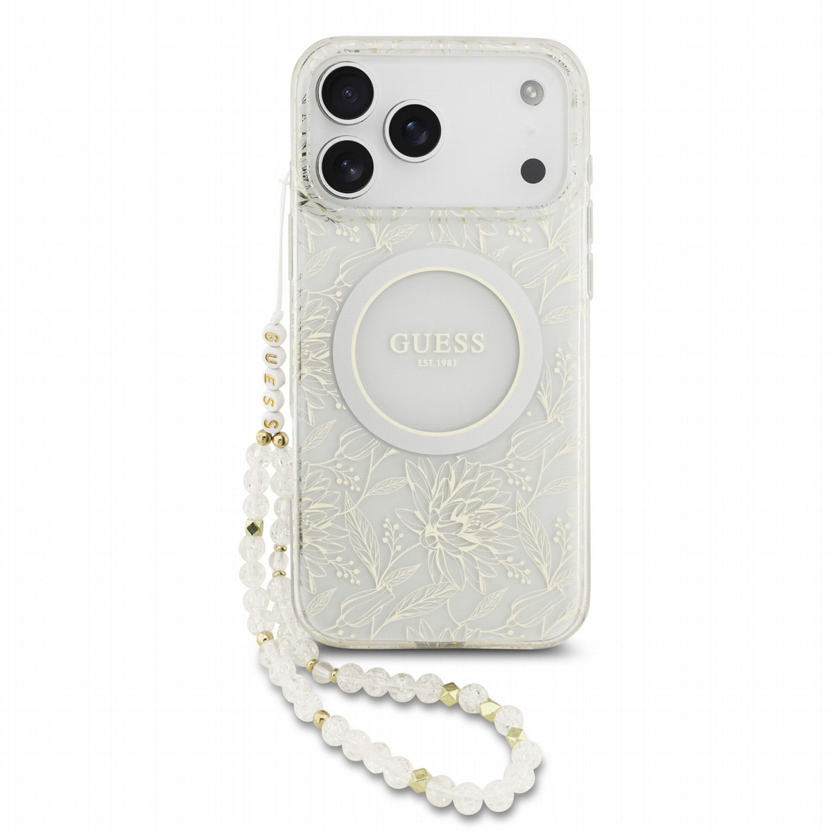 Husa Guess IML Flowers Allover Curea Magsafe pentru iPhone 18 Pro Max Alb