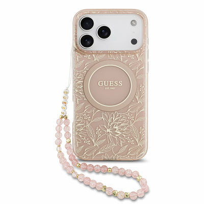 Husa Guess IML Flowers Allover Curea Magsafe pentru iPhone 18 Pro Max Roz