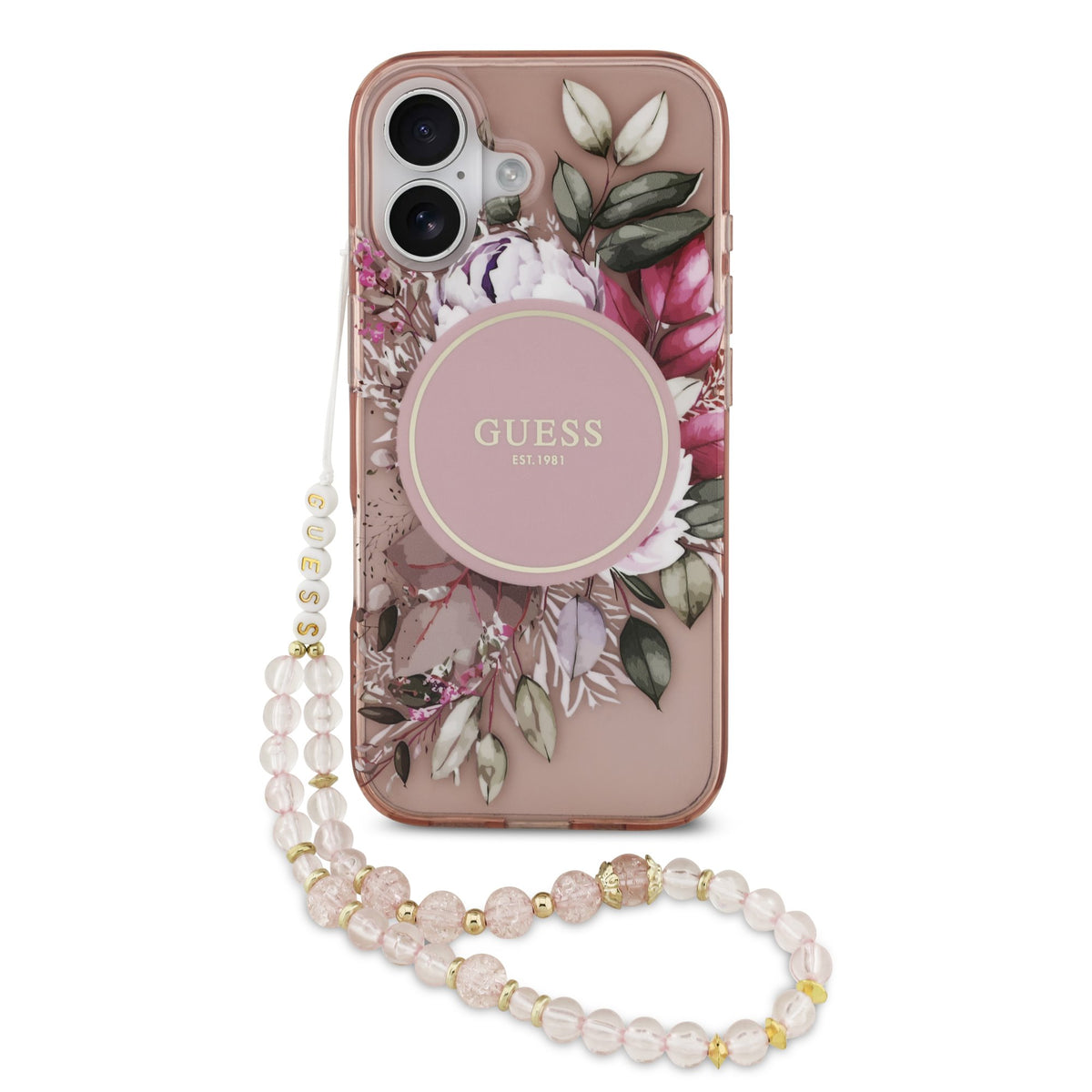Husa Guess IML Flowers Curea Magsafe pentru iPhone 17 Roz