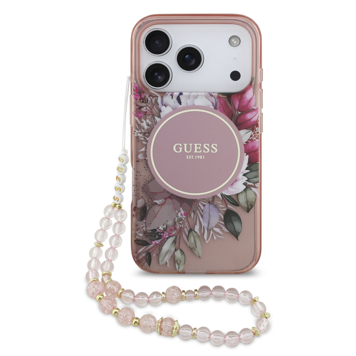 Husa Guess IML Flowers Curea Magsafe pentru iPhone 17 Pro / 18 Pro Roz